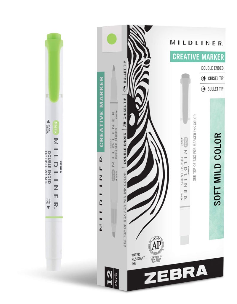Zebra Pen Mildliner Dual-Tip Highlighters, Broad and Fine Tips, Ideal for Bible Highlighting, No Bleed, School Supplies, Teacher Supplies, and Office Supplies, Mild Green Ink, 12-Pack (78140upc) - Image 1